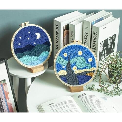 Van Gogh Starry Punch Needle Kits with Yarn, DIY Beginners Kit, Embroidery Kit, Punch Needle Starter Kit, Rug Hook Patter