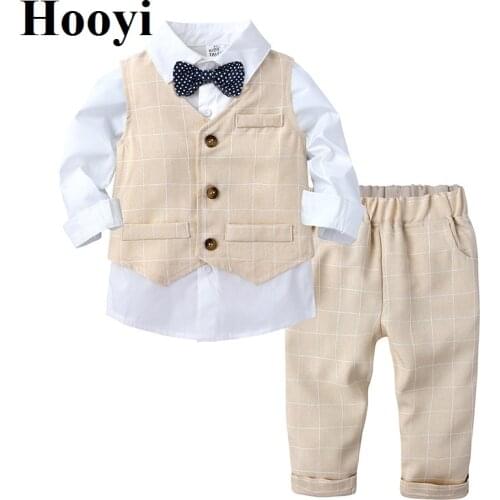 Spring Baby Boys Shirts Pants Sets Childrens Tuxedo Plaid Vest Tops Kids Suits Bowtie Outfits Gentleman