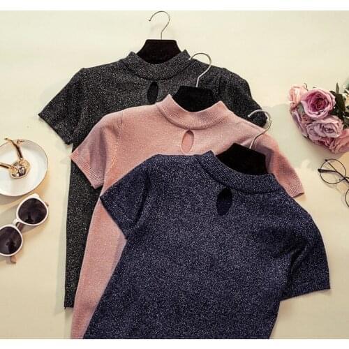 Sanishroly Women Summer Sequined T-Shirts Tee Casual Knitted Hollow Out T Shirt Female Turtleneck Short Sleeve T Shirts Tops 489