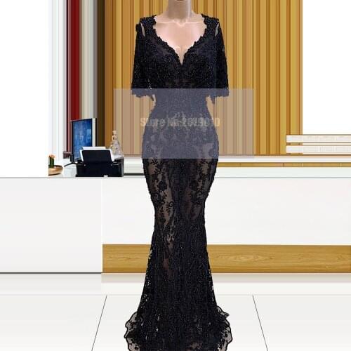 Elegant Black Mermaid Evening Dresses Half Sleeves Beaded Pearls Floor-Length Prom Dress Robe De Soiree Aibye Middle East Dubai