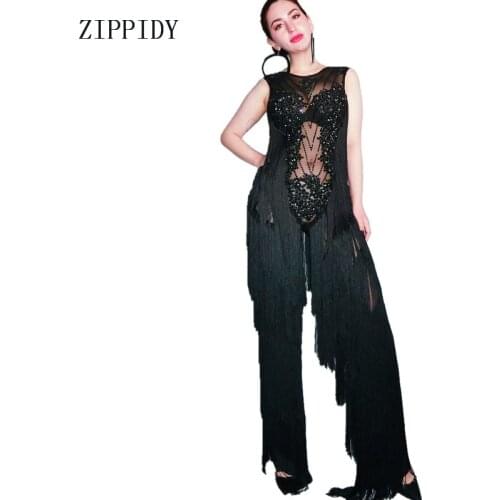 2019 Fashion New Black Rhinestones Fringes Rompers Sexy Mesh Perspective Jumpsuit Outfit Women Singer Dancer Fashion Leggings