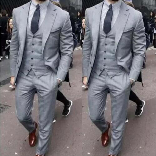 Formal Grey Mens Suits Wedding Groom Business Work Wear Prom Blazer Classic Fit Tuxedos 3PCS Dress Jacket+Vest+Pants