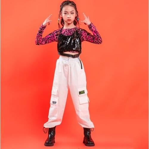 Kids Hip Hop Clothing Stage Leopard Crop Tops Sequin Tank Top Streetwear Tactical Cargo Pants for Girl Dance WearCostume Clothes