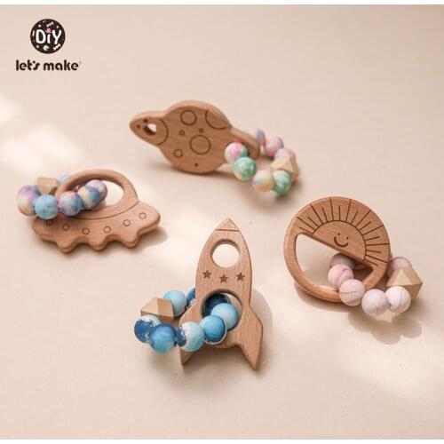 Lets Make 1Pcs Baby Teether Toy Wooden Planet Beech Ring Silicone Bracelet BPA-Free Childrens Oral Care Products Baby Gifts