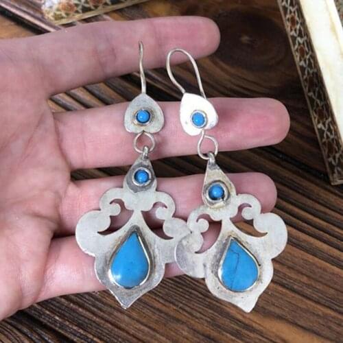 Long Drop Blue Stone Earrings Vintage Geometric Silver Color Teardrop Boho Earrings with Blue Turquoise Moroccan Talis Jewelry