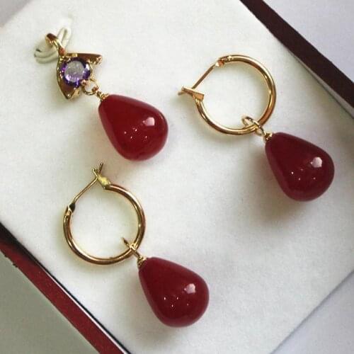 Hot! beautiful new jewelry 12*16mm red jades pendant, earring set