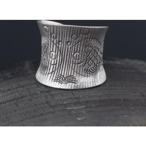 Amxiu Chinese Lucky Ring Wide Rings Engraved Two Fish Ring S925 Silver Ring Large Open Rings For Women Anniversary Gift Jewelry