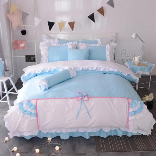 4Pcs Twill cotton Lotus lace Princess wind bedding sets queen king size duvet cover set bed skirt set pillowcase bedclothes