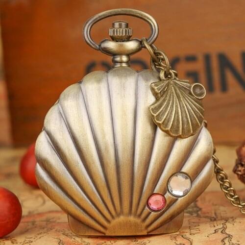 Antique Bronze Shell Necklace Chain Quartz Pocket Watch Women Mini Pendant Clock Hours Xmas Gifts For Men Women Kid Boys Relgio