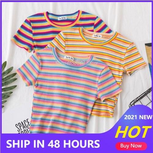 New T Shirt Women Rainbow Striped Tops Slim Fit T Shirt Harajuku Tshirt Summer Short Sleeve Korean T-shirt Feminina Clothes Tops