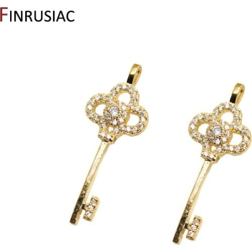 High Quality Zircon Rhinestone Key Charm Brass Metal with Gold Plated Shiny Key Pendant Charm For Necklace Jewelry Making