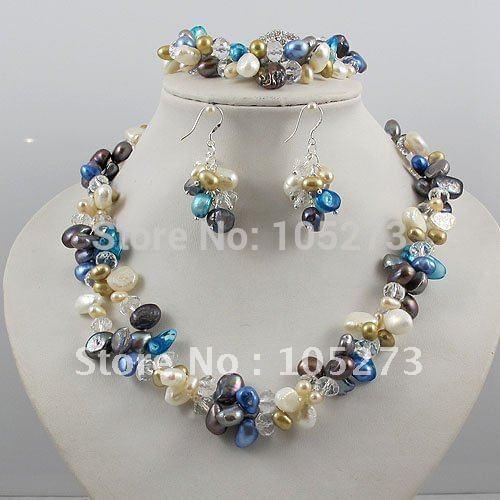 Wholesale!Pearl Jewelry Set 2Rows AA 4-10MM Multicolor Pearl&White Crystal Necklace Bracelet Earring Rhinestone Magnet Clasp