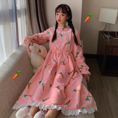 Autumn Winter Womens Lolita Dress Princess Sleepshirts Vintage Victorian Lace Carrot Print Nightgowns Nightdress Warm Sleepwear