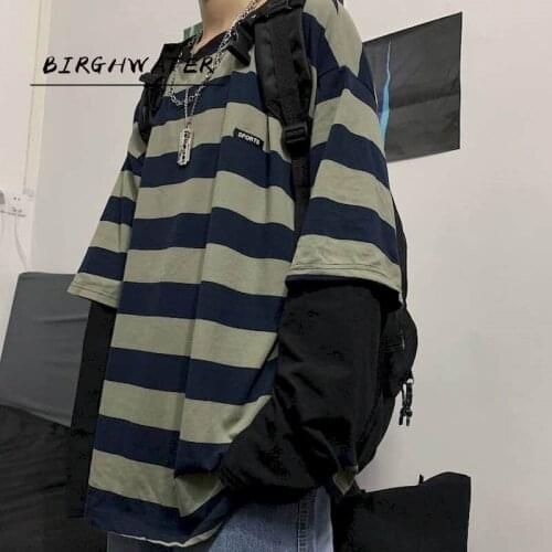 Autumn Korean Oversized Tshirt Women T Shirt Men Loose Harajuku BF Retro Striped Fake Two-piece Long-sleeved T-shirt Student Top