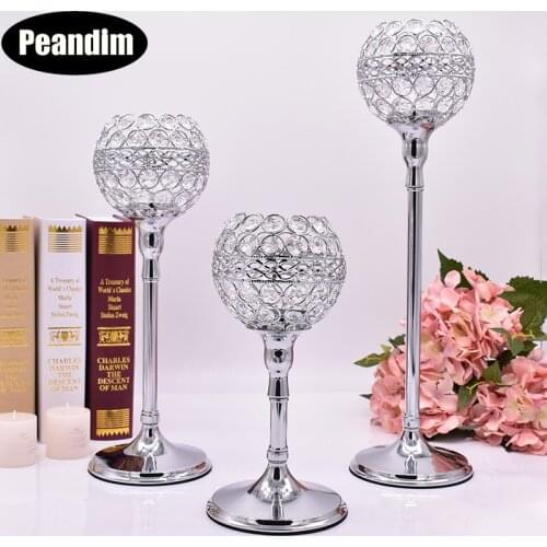 PEANDIM Floor Standing Candle Holders Set 3pcs/Lot Crystal Candlestick Shiny Silver Plated Party Table Wedding Centerpieces