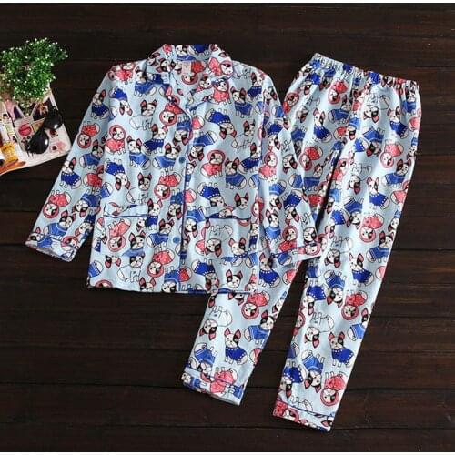 Top Cartoon Sleepwear Set 100% Cotton Winter Womens Pajamas Long Sleeve Shirt Pants Casual Cartoon Warm Sexy Homewear