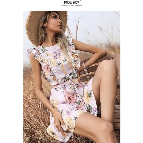 DUISNENA boho dress summer tank ruffled sleeves rose floral print belt high waist Pastoral Fresh robe vestidos