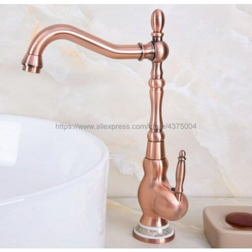 Deck Mounted Antique Red Copper Single Handle Hole Bathroom Sink Mixer Faucet Hot and Cold Water Mixer Tap Nnf641