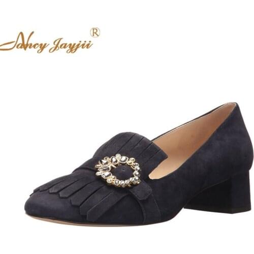 Female Pumps Lady Adult Shoes Black Flock solid Med Square heels Crystal Pointed Toe Slip-On Spring Autumn Fashion Classics 2021