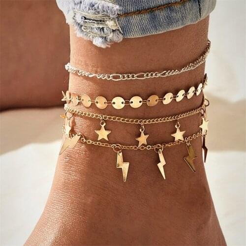 Vintage New Beaded Beach Foot Jewelry Fashion Style Anklets For Women Boho Gold Stars Lightning Sequins Pendant Anklet