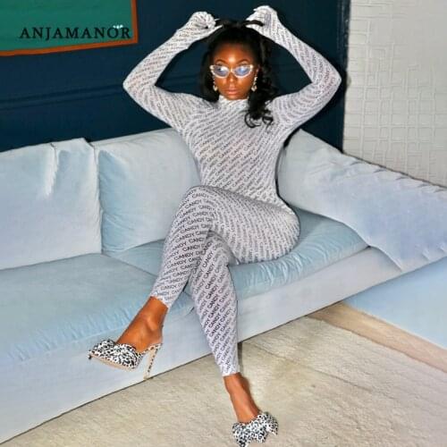 ANJAMANOR Fashion Letter Print White Sexy Jumpsuit with Gloves Women Clubwear 2020 Long Sleeve Bodycon One Piece Outfit D70-DZ32