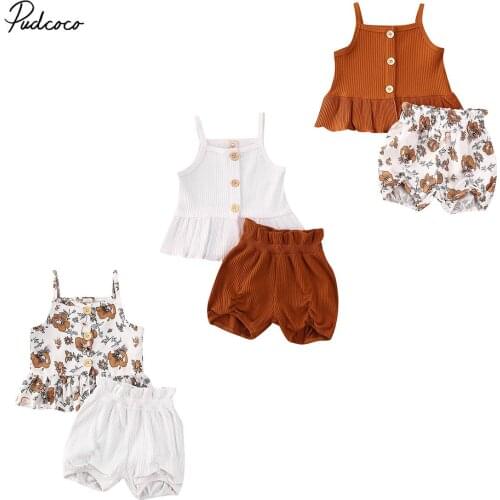 2020 Summer Holiday 12M-5Y Kids Clothing Knitted Button Solid Vest Tos+Floral Shorts Bloomers Toddler Baby Clothes Boho 2Pcs Set