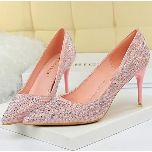 2021 Spring Women Sexy Glitter Crysta 7cm High Heels Pump Tacones Pink Black Bridal Wedding Queen Cinderella Fetish Party Shoes