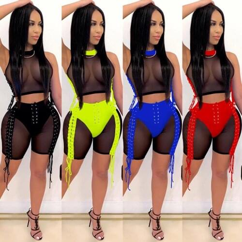 BKLD Two Piece Set Women 2020 Summer New Sexy Mesh Sheer Crop Top And Lace Up Shorts Patchwork 2 Piece Sets Womens Outfits