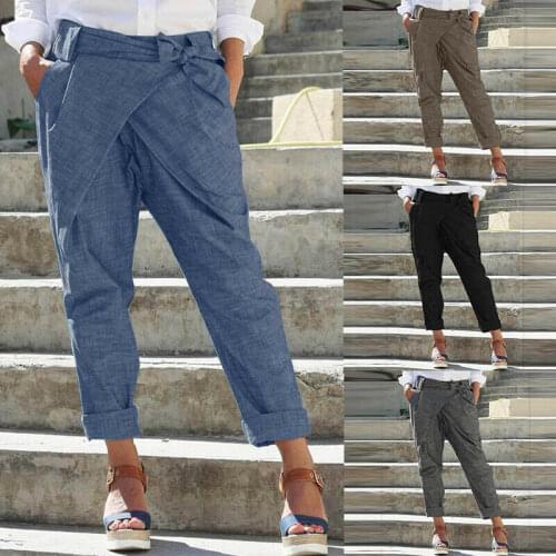 Plus Size Ladies Casual Pure Color Pants Wide Legs Bowknot Harem Pants Trousers