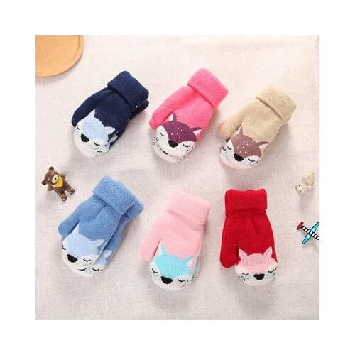 Children Kid Mittens Winter Fox Knitted Rope Gloves Printed Full Finger Gloves Cartoon Children Toddler Kids Hanging Neck Gloves