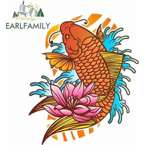 EARLFAMILY 13cm x 10.9cm for Koi Fish Tattoo With Wave And Flower Funny Car Stickers Cartoon Decal Car Assessoires Waterproof