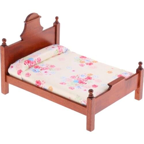 Classic Style Floral Wooden Double Bed 1:12 Dollhouse Miniature Furniture