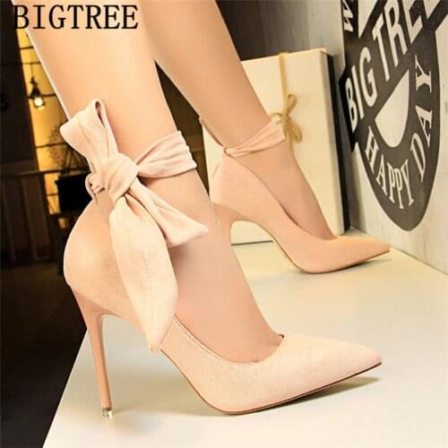Dress Shoes Women Stiletto Moccasin Bigtree Shoes Butterfly-knot New Arrival 2020 Green Shoes For Women Luxury High Heels Buty