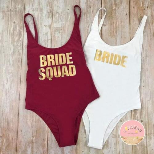 Bachelorette Bathing Suit BRIDE SQUAD Swimwear Women One Piece Adjustable Shoulder Black Swimsuit Removable Chest Pad Beach Wear