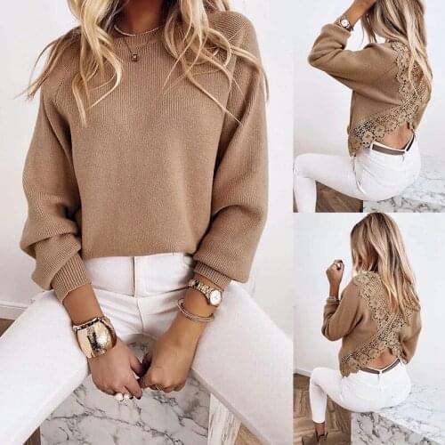 Patchwork Design Lace Decor See Through Backless Womans Sexy Spring T-Shirt O-Neck Female Long Sleeve Solid Color Pullovers Top