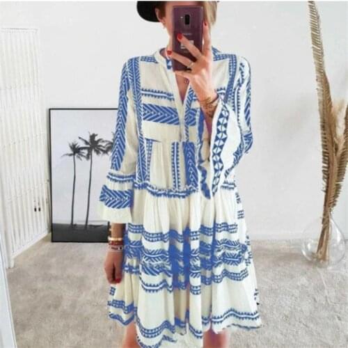 Ruffled Mini Dress Women Autumn V Neck Striped Print Bohemain Beach Party Dress Casual Loose Long Sleeve Dresses Vestidos