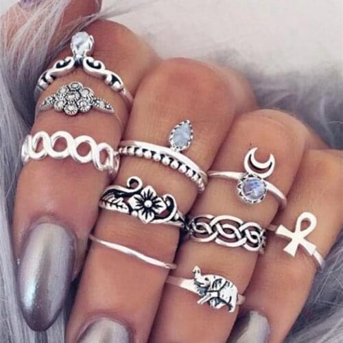10pcs/set fashion punk elephant elephant heart flower crown opal crystal silver color joint ring ladies party ring set