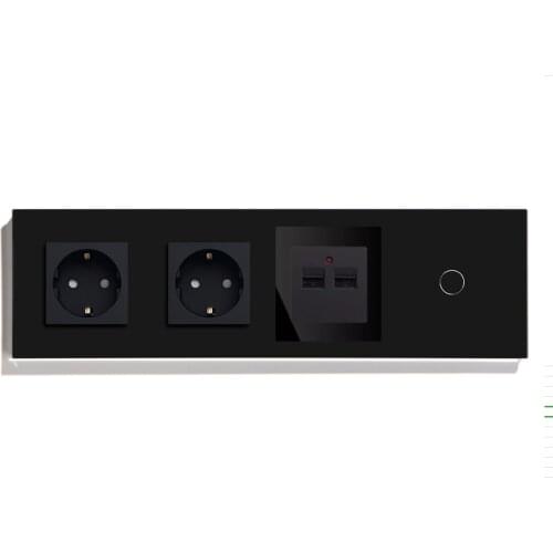 BSEED Double Socket EU Standard With USB Charger Wall And Touch switch Black Crystal Glcass Panel