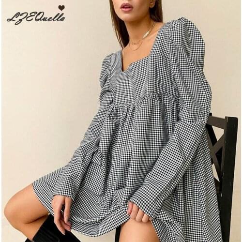 LZEQuella Plaid Womens Dress Casual 2021 Loose Long Sleeve Vestidos Party Elegant Short High Waist Mini Dresses NZ3679