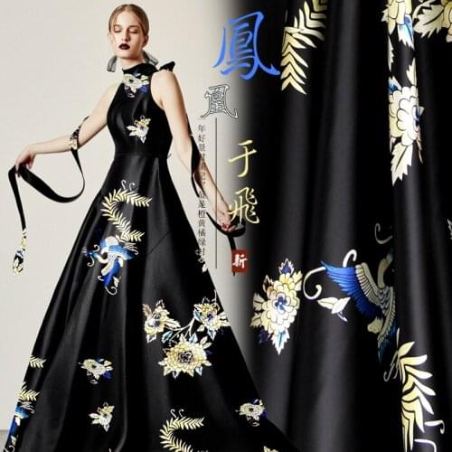 PRINTED SILK STRETCH SATIN 118cm width 19momme Natural Silk Dress Fabrics Phoenix Printing Chinese Traditional Qipao Dress