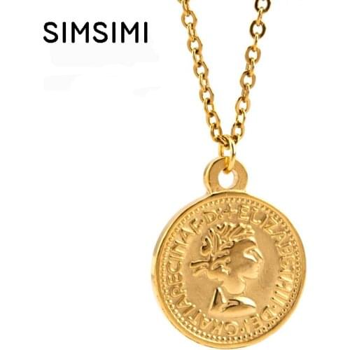 Simsimi women Coin choker necklace gold color Pound Elizabeth II, Euro 10 cent Coins Stainless steel Rolo chain necklaces