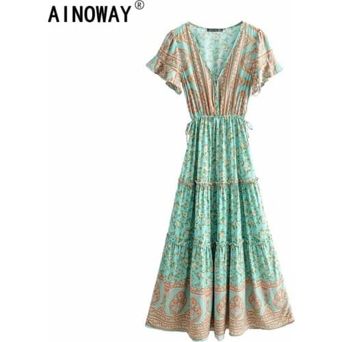 Vintage chic women floral print bat sleeve beach Bohemian maxi dresses Ladies deep V neck Tassel rayon Boho dress vestidos