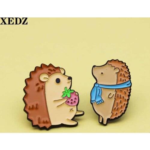XEDZ Cute Enamel Hedgehog Pin Eating Strawberry Blue Tie Erect Hedgehog Yellow Badge Cartoon Animal brooch Backpack Jewelry Gift