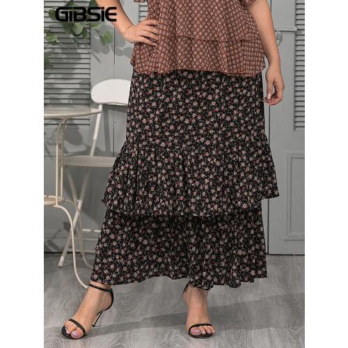 GIBSIE Plus Size Floral Print Layered Ruffle Hem Skirts Women Autumn Vacation Casual Sweet Ladies Big Size Maxi Long Skirt New