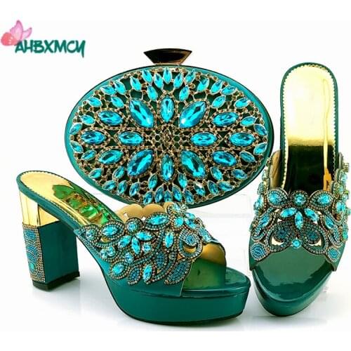 Teal Color Nigeiran Women Shoes and Bag to Match High Quality Slingbacks African Ladies Shoes with Evening Bag for Wedding Party