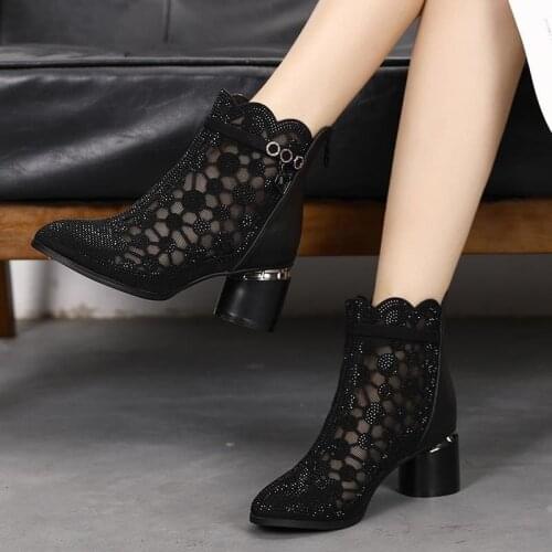 Rhinestone Hollow Mesh Short Boots Women 2021 Summer New Fashion Thick Heel Mesh Boots Breathable Single Boots