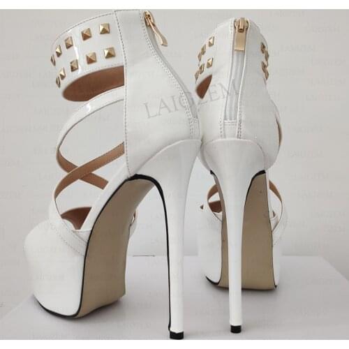 BERZIMER Women Sandals Shiny Platform Peep Toe Studded Thin Heels Ladies Pumps Party Wedding Shoes Woman Plus Size 41 44 50 52