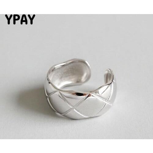 YPAY 100% Solid 925 Sterling Silver Open Ring For Women Plaid Style Big Smooth Wide Ring Punk Style Bijoux Femme YMR542