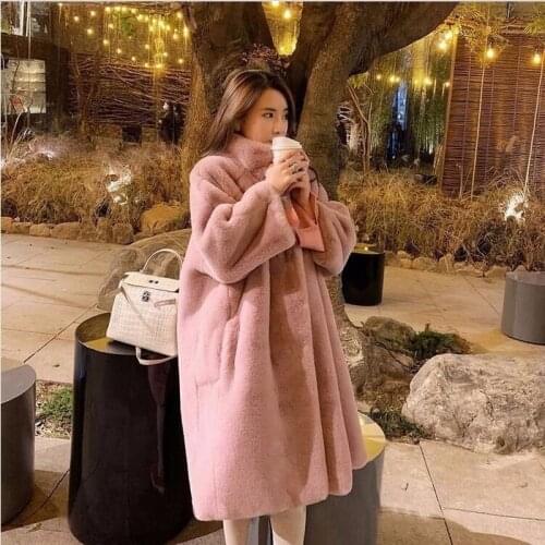 Woman Winter 2020 Mink Fur Coat Stand Collar Loose Casual Long Faux Fur Coats Thick Warm Overcoat Plush Fur Jacket for Women