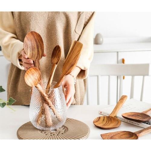 1pcs Natural Wood Craft Tableware Spoon Ladle Long Rice Soup Skimmer Cooking Spoons Scoop Handmade Kitchen Tool